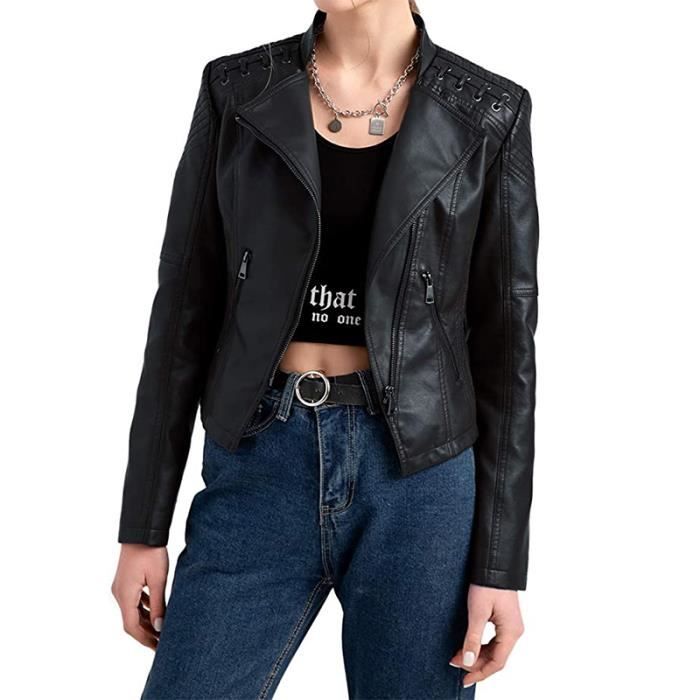 Veste Femme,S-4XL Veste en Cuir PU Veste Moto,Veste été de Motard Vintage Grande Taille Col Revers-Noir