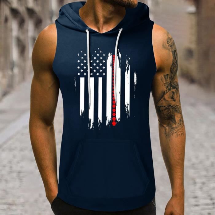 Debardeur imprime jour de l independance avec capuche pull decontracte sans manches a capuche pour homme Bleu Cdiscount Pret a Porter