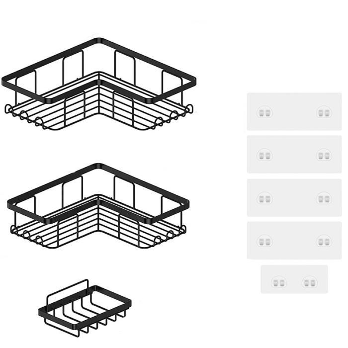 Étagère D'angle Salle De Bain Sans Perçage | 2 Niveaux, 4 Crochets | Aluminium Anodisé Doré | 31x23x4,5 Cm