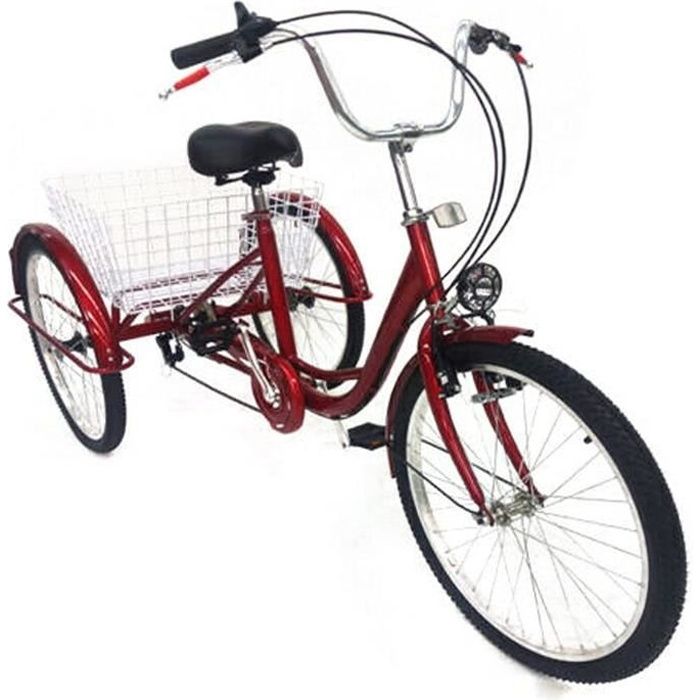 24 pouces 6 vitesses Tricycle 3 roues pour adulte avec panier Tricycle Adulte Rouge