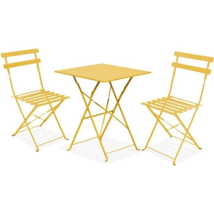 Table bistrot de jardin et 2 chaises pliantes - 60 x 60 x 71 cm - Acier - Oviala - Jaune