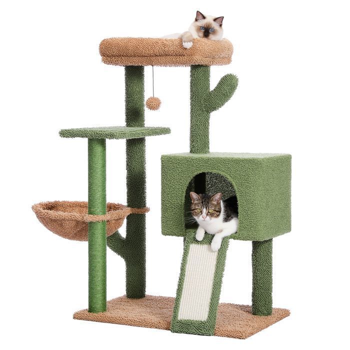 Meilleurs prix pour PAWZ Road Arbre à Chat Cactus Design, avec Echelle Poteau Griffoir, Griffoir Sur Terre et Hamac Suspendu, 104cm, Vert