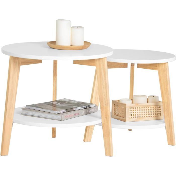 SoBuy Lot de 2 Tables Gigognes Rondes Blanches Tables Basses et d’Appoint Gain de Place pour Salon Ø50 et Ø40 cm