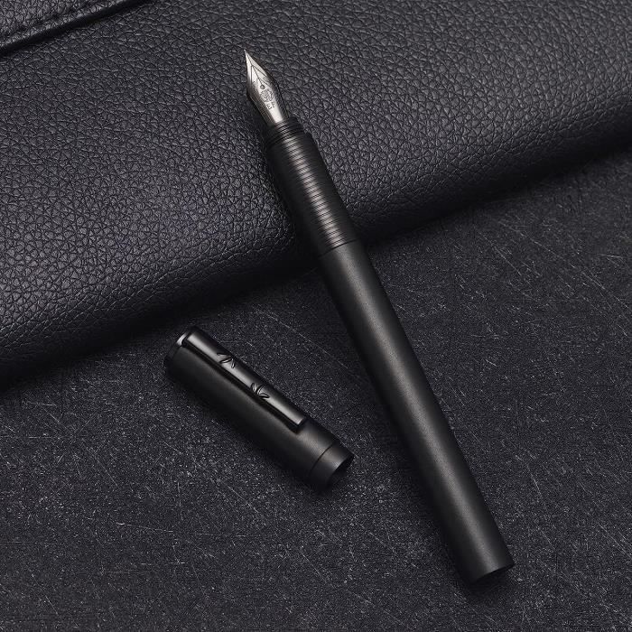 Stylo Plume Gros Modèle - Corps Acier Lisse, Capuchon Noir - Neuf Jamais Encré (sans Emballage)