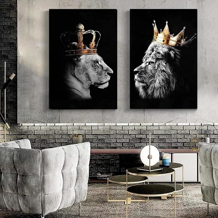 Tableau Toile Déco – Famille Lion Royale Avec Couronnes, Art Mural Tendance Pour Salon