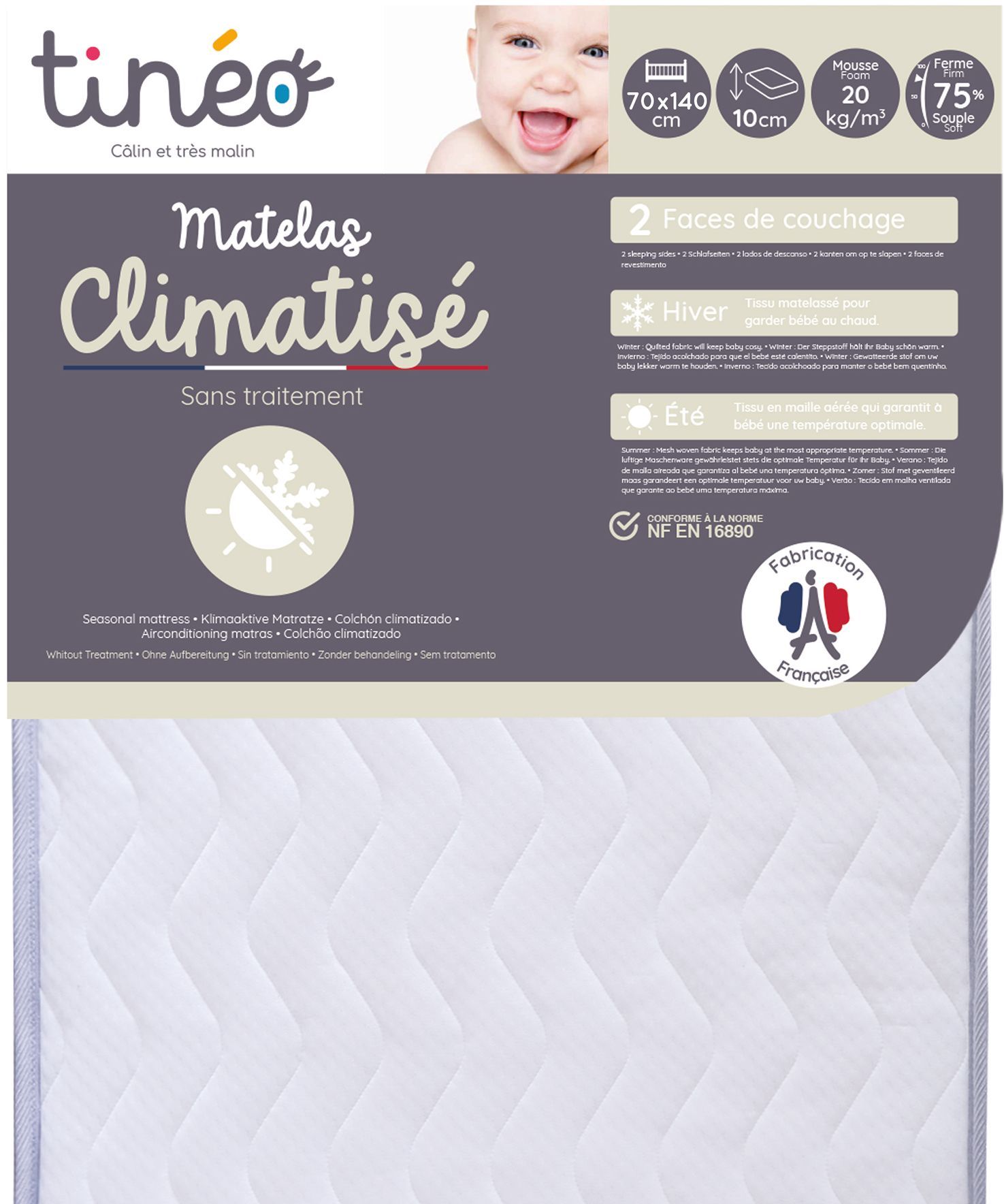 Matelas Climatisé 70x140x10cm - Matelas Bébé - Climatisé - 1 Face Été - 1 Face Hiver - Sans Traiteme