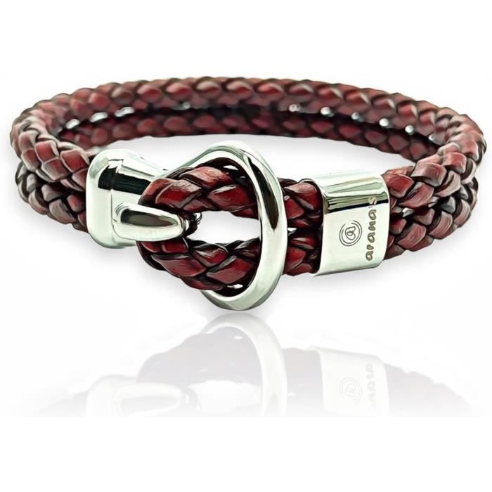 Collier Homme En Cuir Tressé - Fermoir Argent Sterling 925 - Antique Rouge Marron