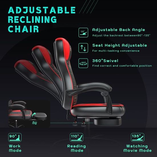 Chaise Gaming HLFURNIEU - Fauteuil Gamer Réglable Avec Repose-Pied - Blanc Et Rouge - Confort Max