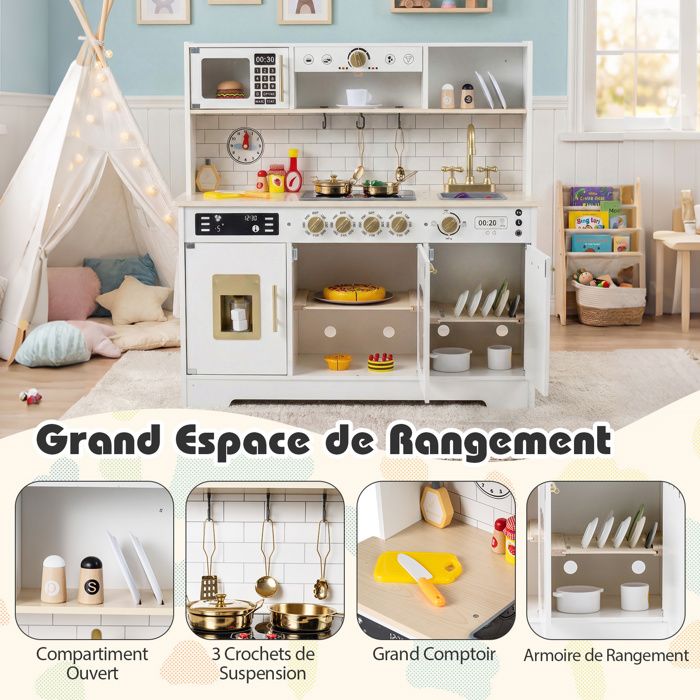 COSTWAY Cuisine Enfant en Bois avec Sons et Lumière Réels, Jeu de Cuisine Bois Enfant avec