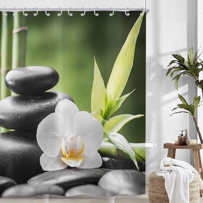 Rideau De Douche Zen Jardin - 180x200cm - Bambou Vert Pierre Noire - Étanche Lavable