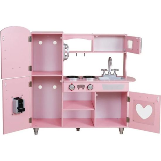 HOMASIS Cuisine jouet avec hauteur réglable, hotte, micro-ondes et téléphone, sons et lumières, cuisine de jeu en bois pour enfants de 3 ans et plus, rose (83 x 29 x 103 cm