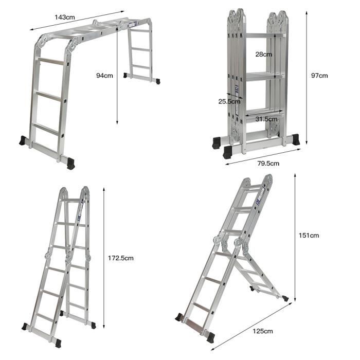 Échelle Pliante 3 Marches EDM – Aluminium – 40 X 14 X 82 Cm – Capacité 150 Kg – Multicolore