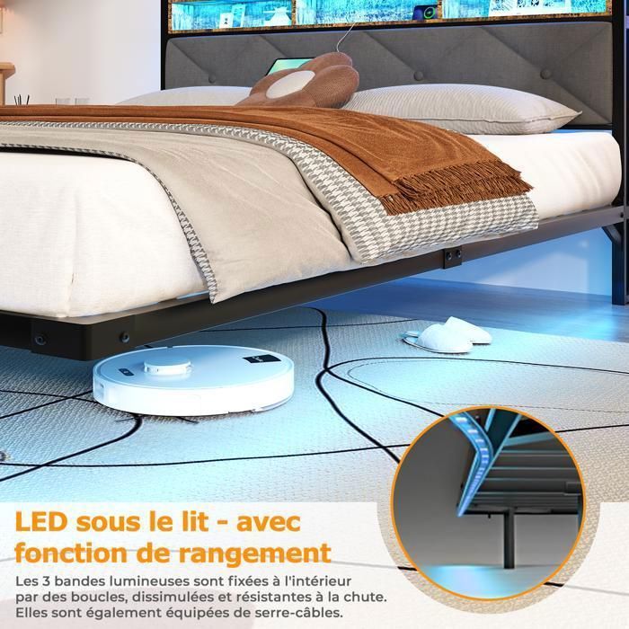 Lit 140x190 Avec Sommier, Lit Double Avec LED Réglable Et