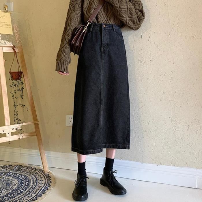 Jupe longue en Denim retro pour filles 230JBLACK C Taille haute Poches a boutons Fendue Blanc Cdiscount Pret a Porter