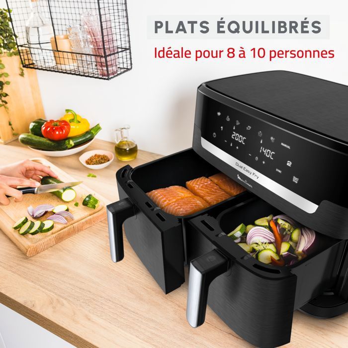 Friteuse à Air XXL Dual Zone 11L - 2600W - 2 Tiroirs (7L+4L) - 10 Programmes - Écran Tactile - Cuisson Saine Sans Huile - 3