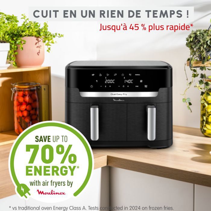 Friteuse à Air XXL Dual Zone 11L - 2600W - 2 Tiroirs (7L+4L) - 10 Programmes - Écran Tactile - Cuisson Saine Sans Huile - 13