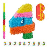 3 tlg. Pinata Set Geburtstag, Zahl 4, Pinatastab mit Augenmaske, Kinder & Erwachsene, Piñata zum selbst Befüllen, bunt