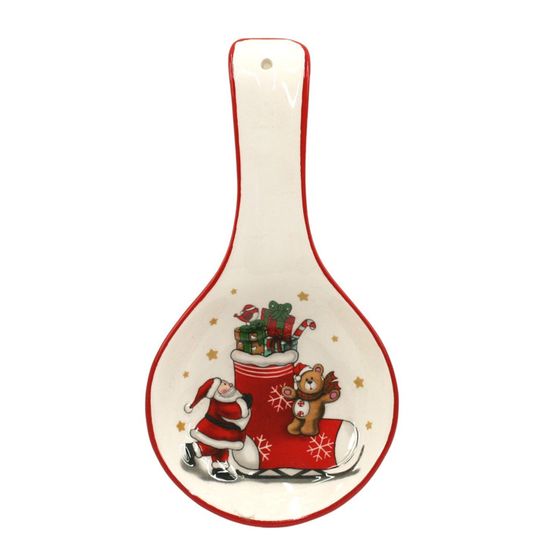 Repose-cuillère De Noël En Céramique – Motif Père Noël Et Ourson, Dimensions 12 X 25 Cm