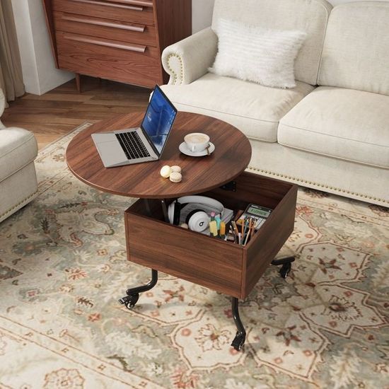 Table Basse Réglable En Hauteur Avec Roulettes-VOWNER-Espace De Rangement Caché Pour Salon Et Bureau (Noyer) - Maison