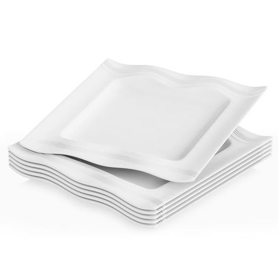 MALACASA Vaisselle Série Mario, 6pcs Assiettes Plates Porcelaine, Assiette Carrée Service de Table - Blanc