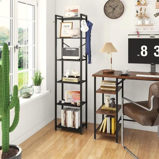 Étagère 5 Niveaux YMYNY - Rangement Minimaliste - Avec Crochets - Noir