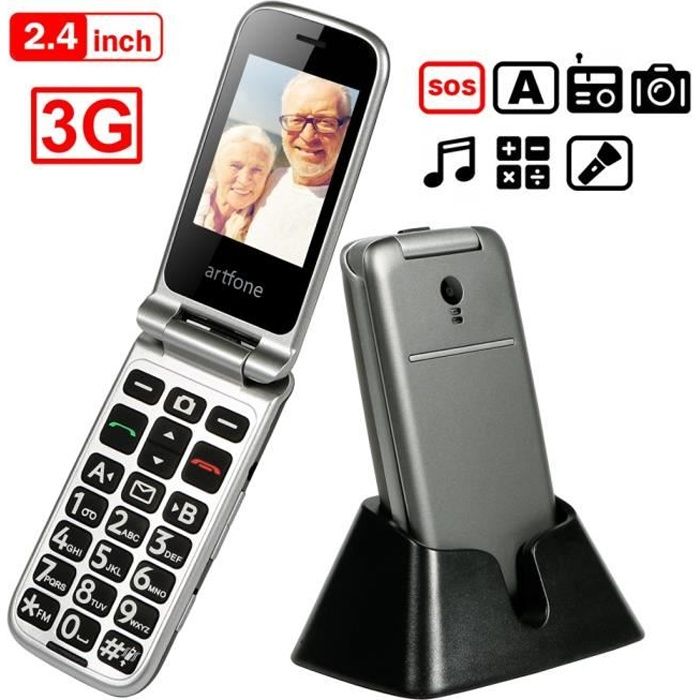 Téléphone Portable Senior à Clapet Debloqué avec Grandes Touches, Haut Volume, Bouton SOS, Lampe Torche et Station de Charge, Basiqu