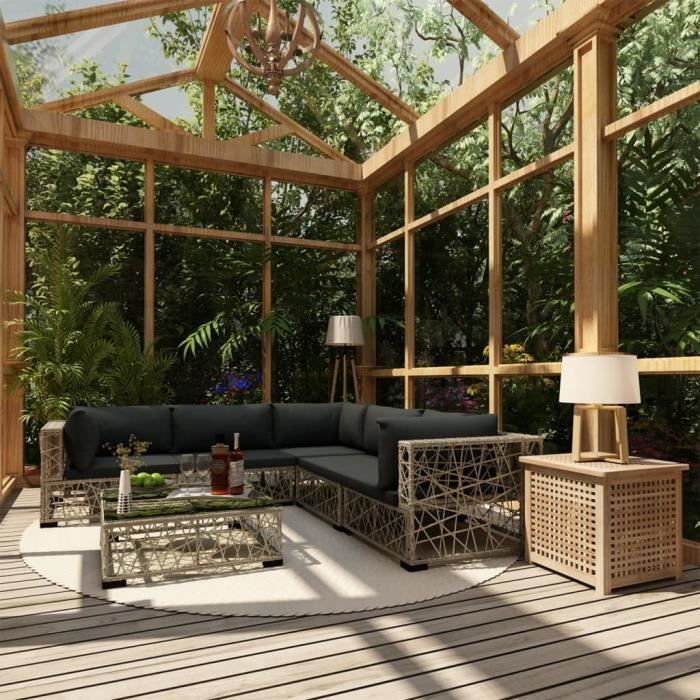 Mobilier de jardin 6 pcs avec coussins Résine tressée Gris -YESM