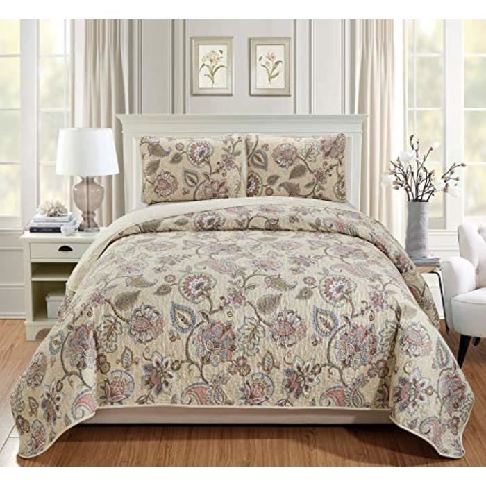 Jetee De Lit - Boutis - Couvre-Lit H4UDW 3 pièces beige taupe rose vert bleu luxe luxuriant fleurs florales douces et douces motif i