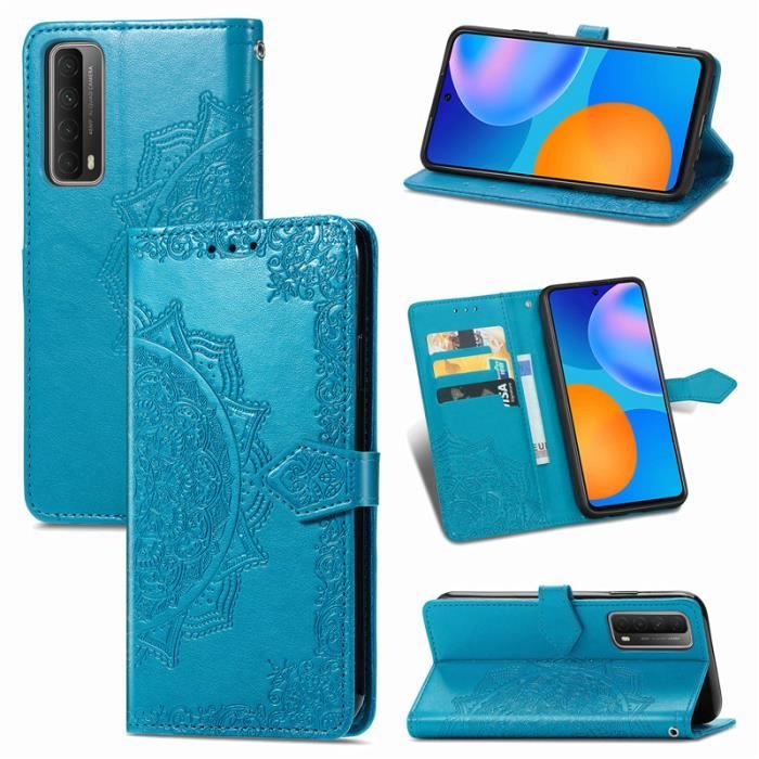Coque Huawei P Smart (2021), Bleu Cuir Mandala Fleur Motif Fente de Cartes Dragonne Légère Pratique Support Antichoc