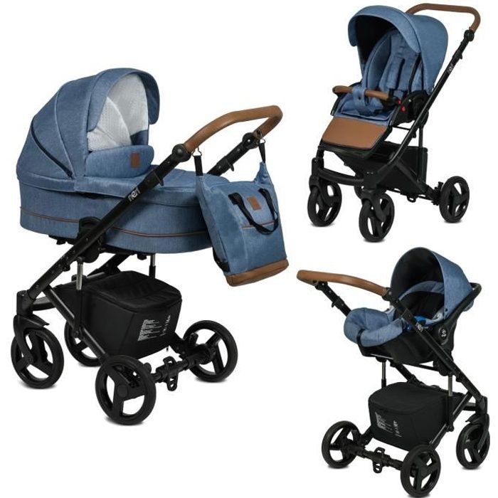 Poussette Trio 3 en 1 Neri Denim – Landau, poussette promenade, siège auto Groupe 0+ - Avec ses accessoires.