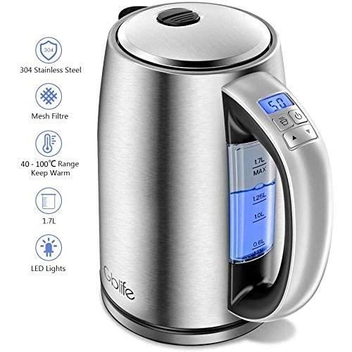 Bouilloire Thermostat Réglable, GBlife Bouilloire Electriques Inox 1.7L 2200W avec Température Réglable, Bouilloire de Chauffage Rap
