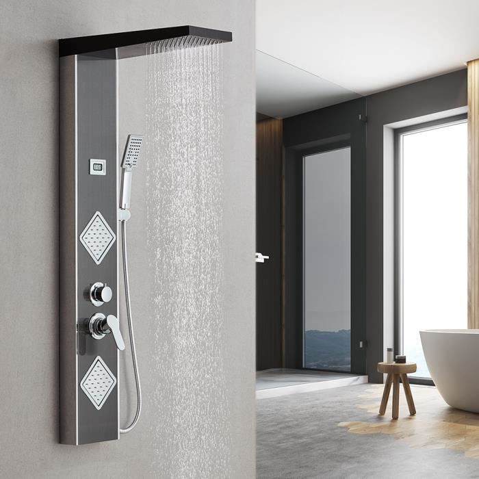 Auralum Colonne Panneau de Douche Acier Inox Noir 3 fonctions Colonne Douche Hydromassante avec Affichage LCD pour Salle de Bain