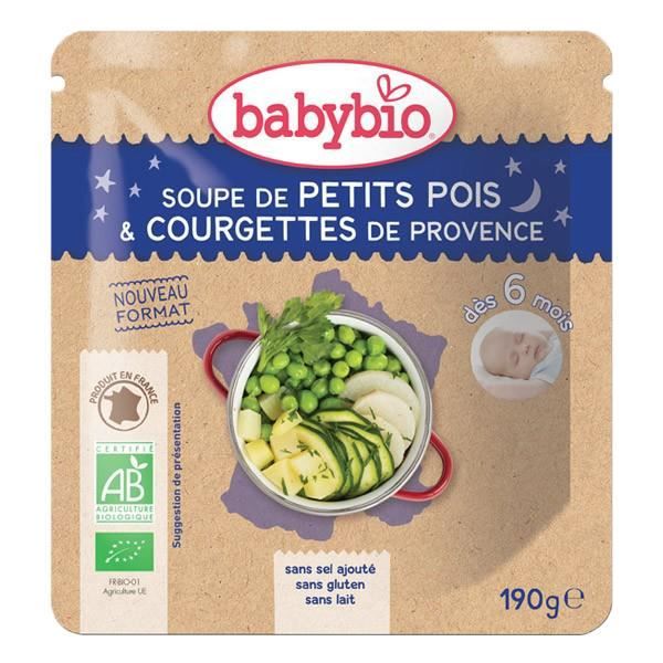 Babybio - Poche Bonne Nuit Soupe Petits pois Courgette - Bio - 190g - Dès 6 mois