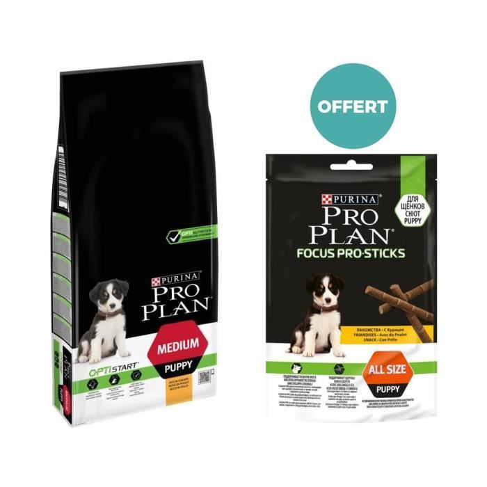 PROPLAN MEDIUM Croquettes pour chiot riche en poulet et au riz 12kg + PRO PLAN Sticks poulet 126g OF