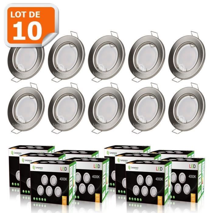 LOT DE 10 SPOT LED ENCASTRABLE COMPLETE RONDE FIXE ALU BROSSE eq. 50W BLANC NEUTRE
