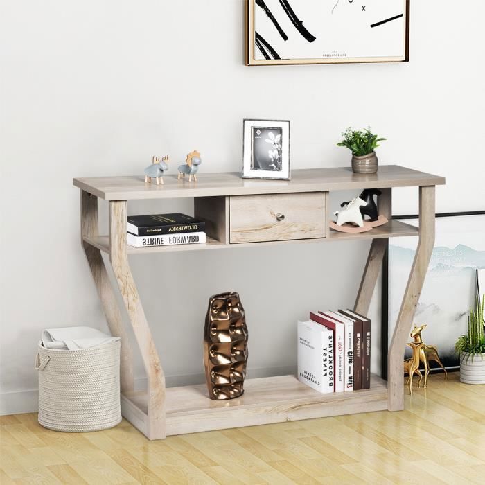 GIANTEX Console Meuble Entrée avec Tiroir et 3 Étages de Rangement,Table d’Appoint pour Entrée/Salon/Chambre,120x30x81CM,Gris