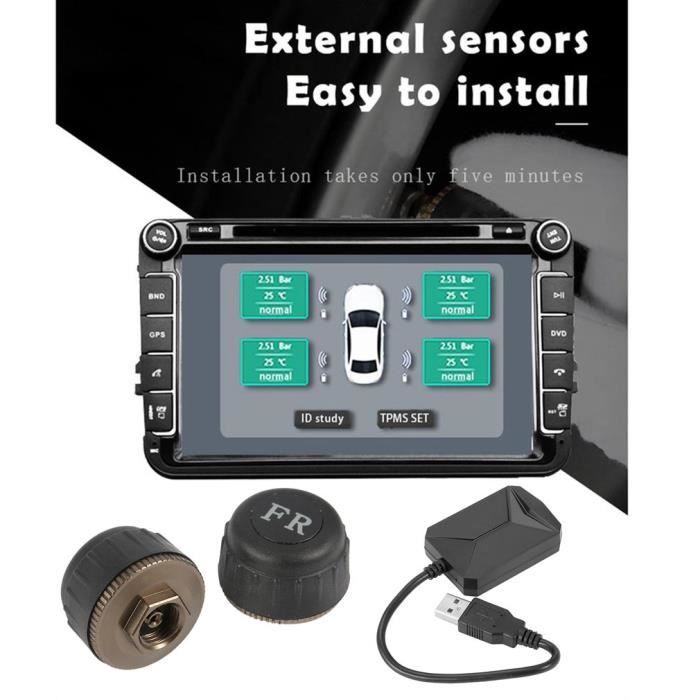 Système de surveillance de la pression des pneus de la voiture TPMS Android Android avec 4 capteurs externes Systèmes d'alarme de