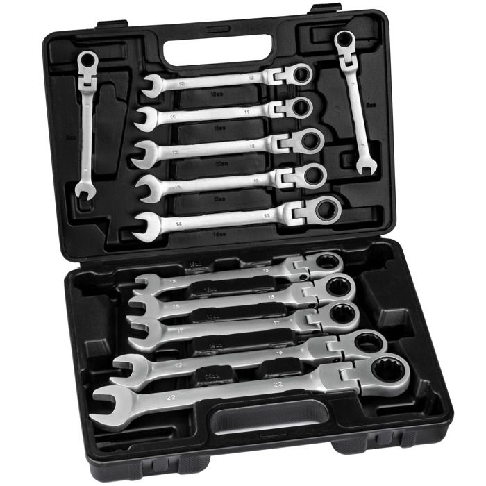 TECTAKE Boîte à Outils 12 Clés à Cliquet en Acier Chrome Vanadium Noir