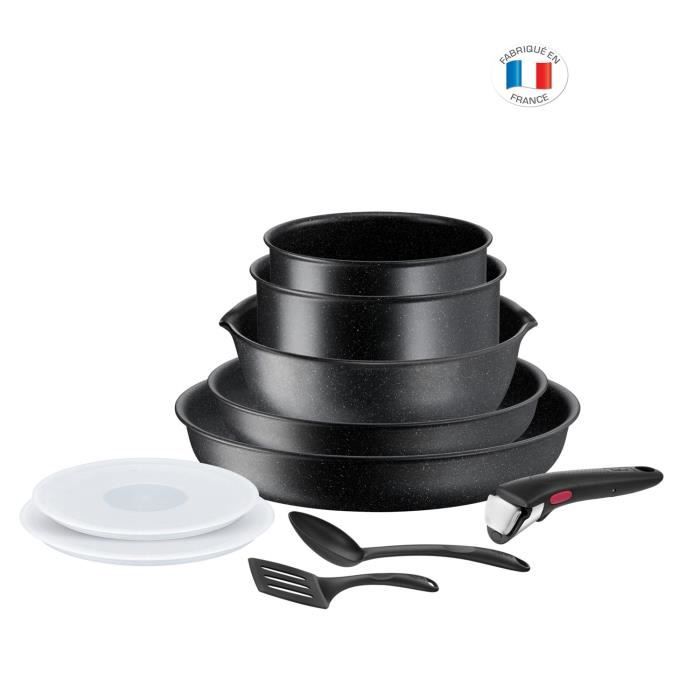 TEFAL INGENIO L3999402 Black Stone Set de 10 pièces, Antiadhésif, Induction, Antiadhésif, Poignée amovible, Fabriqué en France