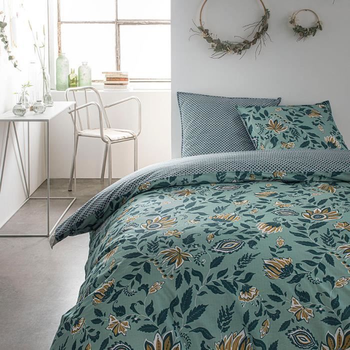 Parure de lit 2 personnes 220X240 Coton imprime vert Floral SUNSHINE 5.31