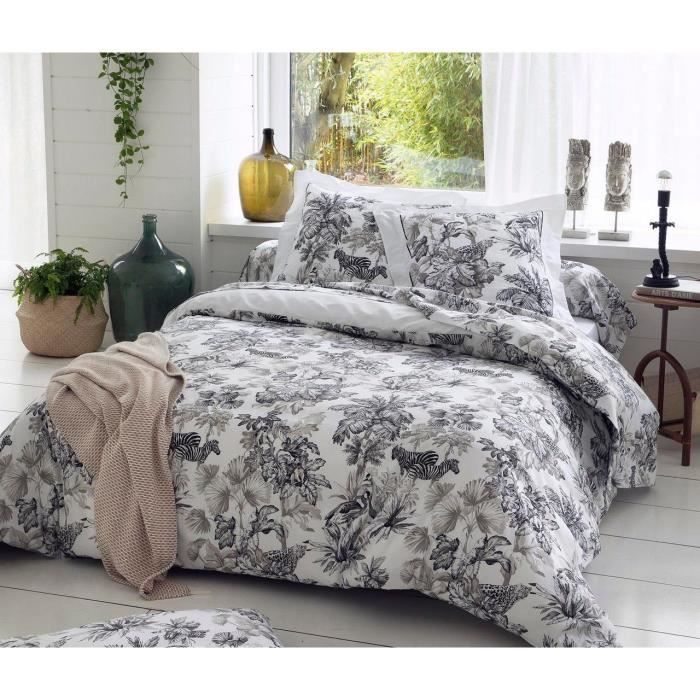 Housse de couette Savane blanc satin coton jungle N/B 200x200 - Tradilinge