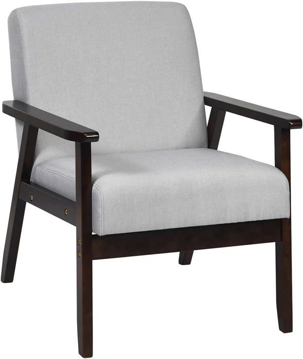 relax4life fauteuil salon en bois de caoutchouc, chaise rembourrée en tissu de lin charge max 150kg, pour chambre/salon, gris clair