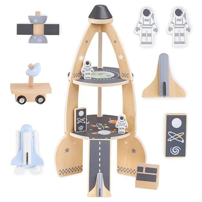 Fusée Spatiale en Bois - Mamabrum - Garage Enfant - 2 Astronautes - 2 Véhicules - Satellite