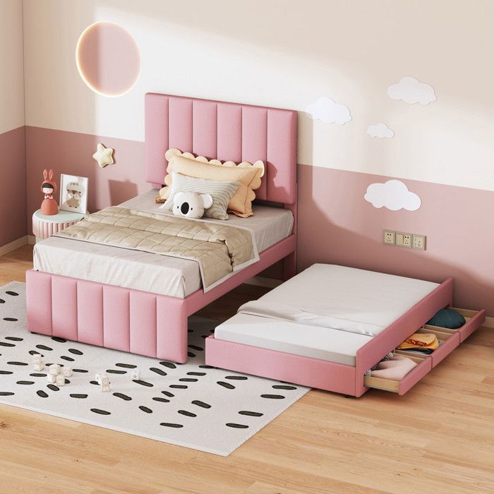 lit d'enfant 90x200 cm - modernluxe - avec lit à roulettes et tiroirs de rangement - rose