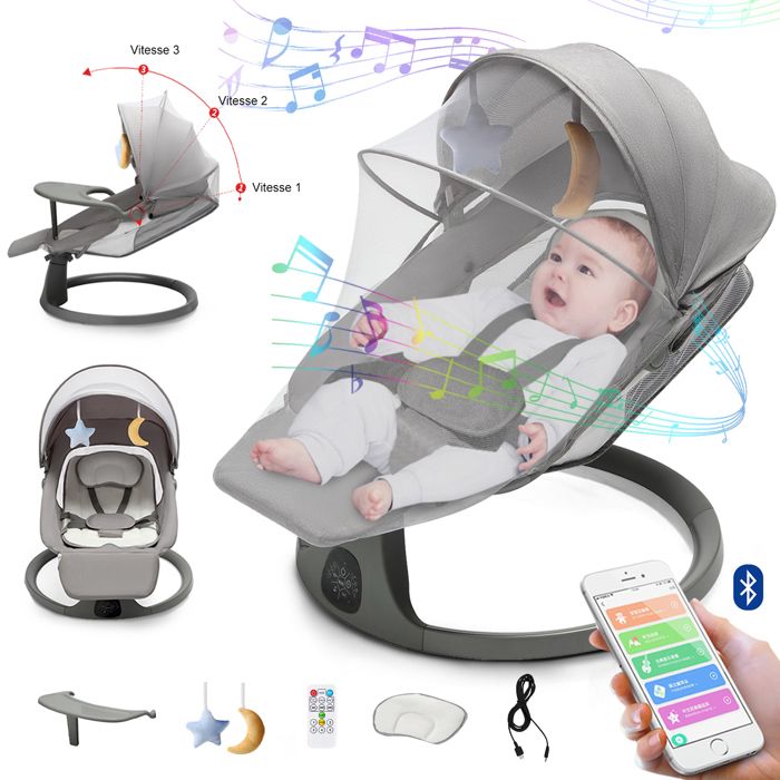 Balancelle Transat Bébé Électrique 3 en 1 avec Télécommande Pédale Table à manger 5 Modes balancement Bluetooth Musique - Gris