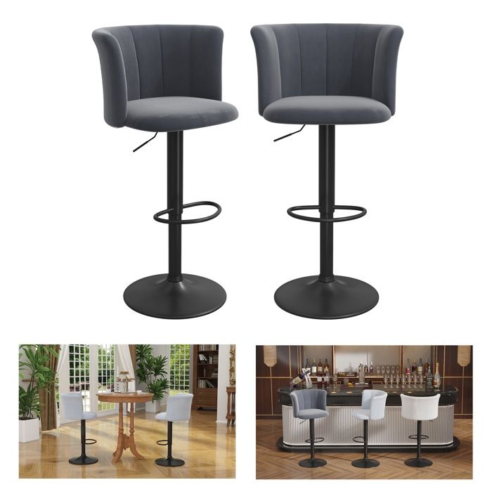 Gris foncé Tabouret de bar pour salle à manger Lot de 2 Chaise de cuisine avec hauteur réglable 88-108cm Siège en tissu 48x40cm