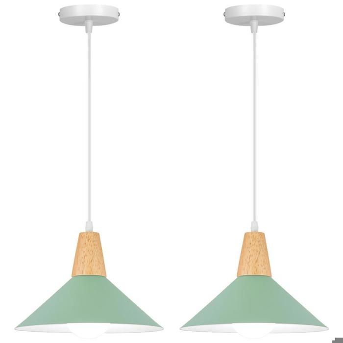 WOTTES Suspension en Bois et Métal - Vert clair 2pcs Ø25cm - E27 - Design rétro Chapeau - Éclairage intérieur Lustre Cuisine