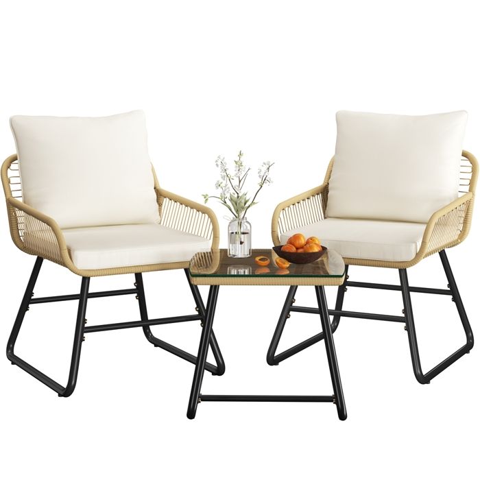 Yaheetech Salon de Jardin 2 Personnes en Polyrotin avec 2 Fauteuils 1 Table Basse en Plateau en Verre Trempé Beige/Crème Yaheetech Salon de Jardin 2 Personnes en Polyrotin avec 2 Fauteuils 1 Table Basse en Plateau en Verre Trempé Beige/Crème