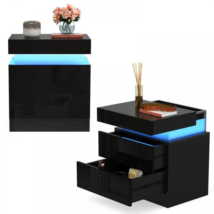 Table De Chevet Murale Avec LED Bluetooth Et Prises De Charge - 31,5 X 20 Cm, 3 Niveaux, Tiroir, 1 AC + 2 USB - 7