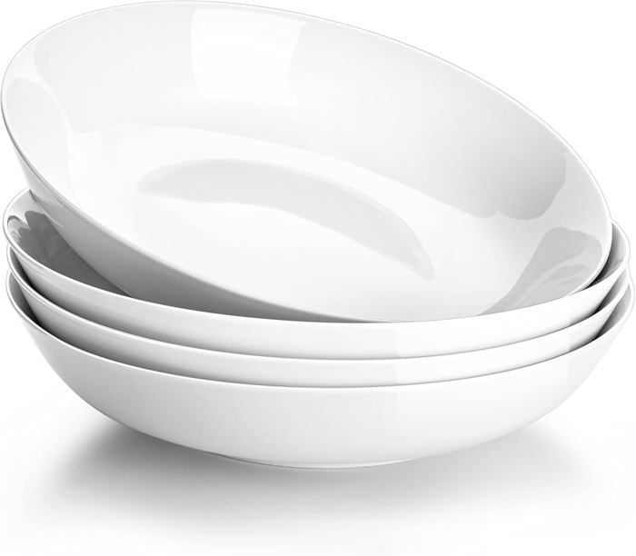 Lot De 4 Assiettes à Pâtes Profondes En Porcelaine 1100 Ml - Diamètre 23 Cm, Micro-ondes, Lave-vaisselle, Blanc